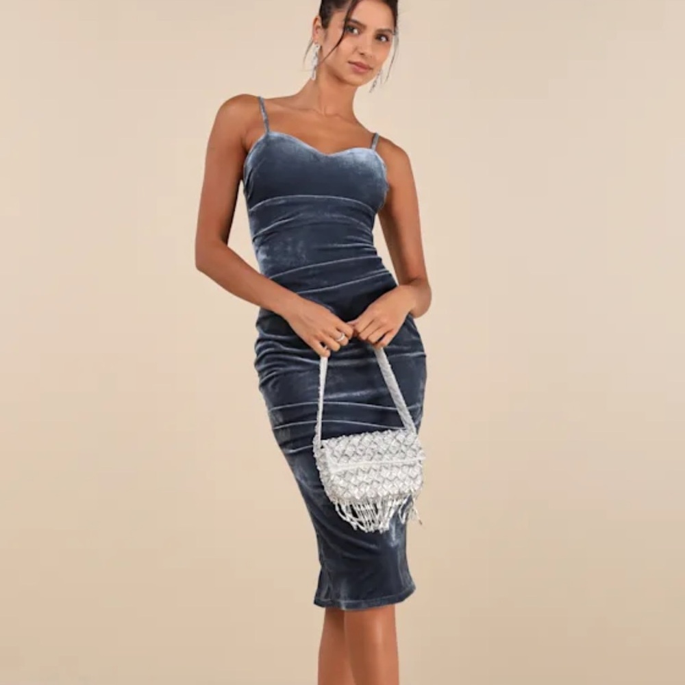 Plush Personality Slate Blue Velvet Ruched Bodycon Midi Dress - Picture 2 of 4